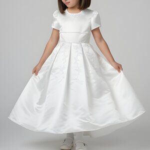Girls White Beaded First Communion or Flower Girl Dress – Size 5-6